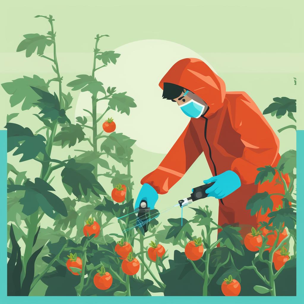 Person wearing protective clothing, applying pesticide to a tomato plant
