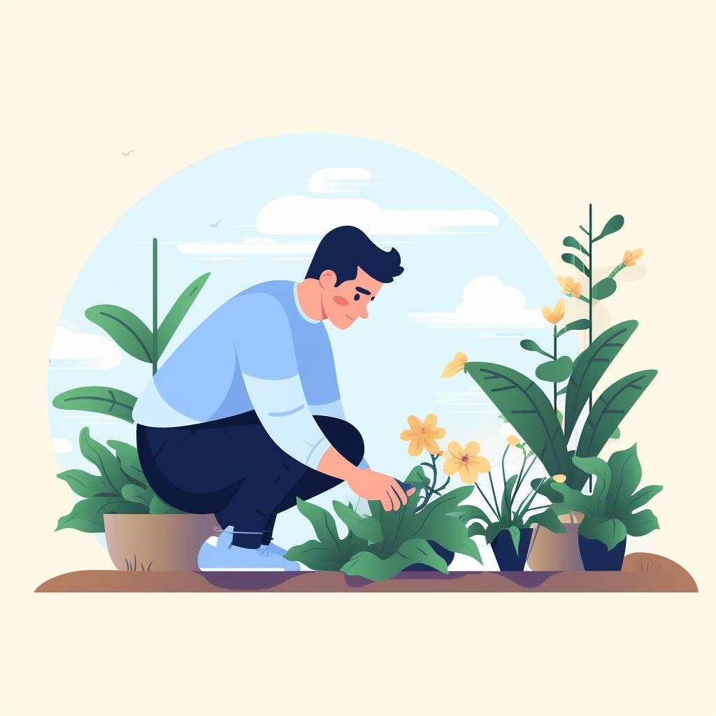 A gardener monitoring a plant's growth
