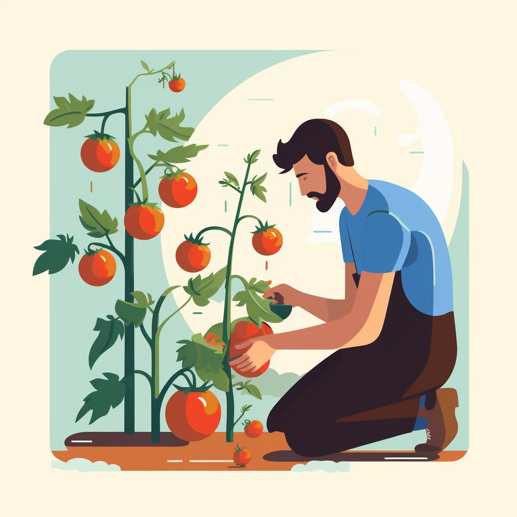 Person examining a tomato plant closely for signs of improvement or side effects