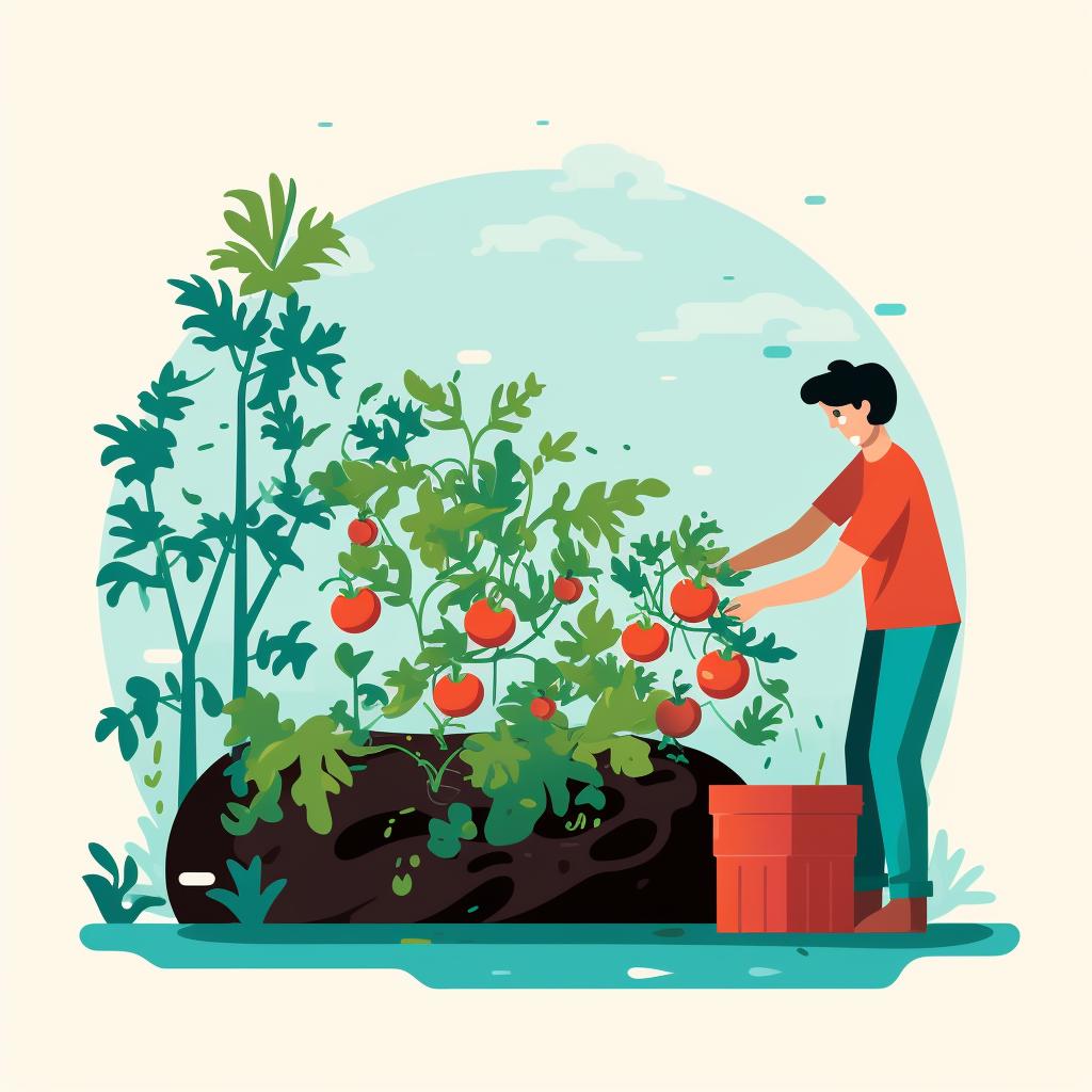 Person checking tomato plants in a garden, with a compost bin and healthy soil in the background
