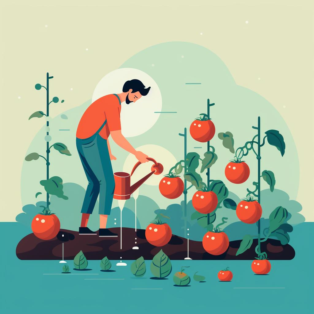 A person watering tomato plants in a garden