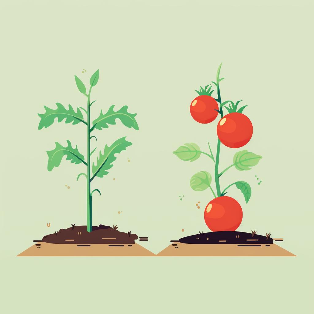 A side-by-side comparison of a healthy tomato seedling and a leggy one.