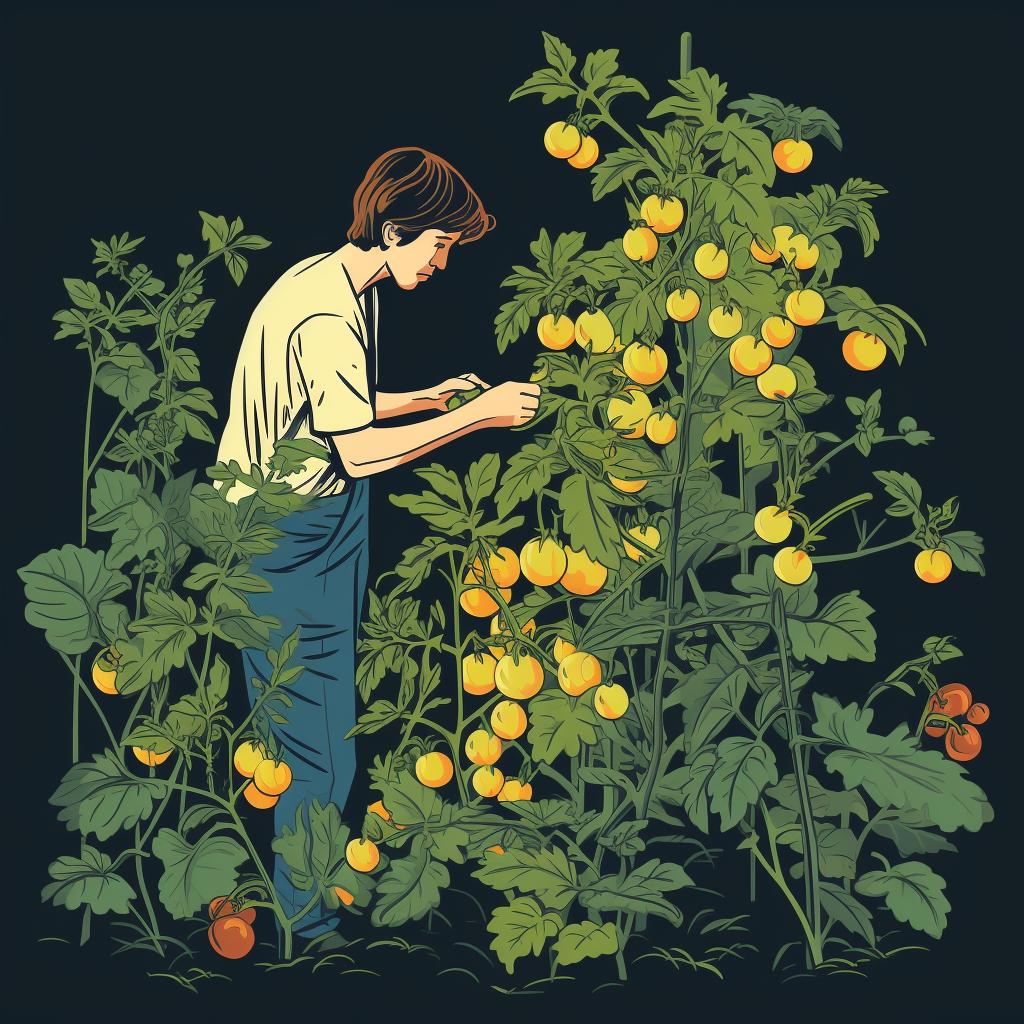 A person examining a yellowing tomato plant.