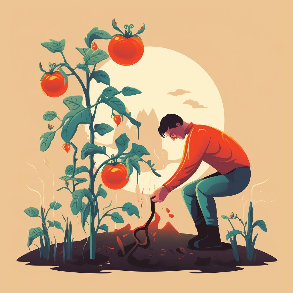 Image of a gardener removing a diseased tomato plant from the garden