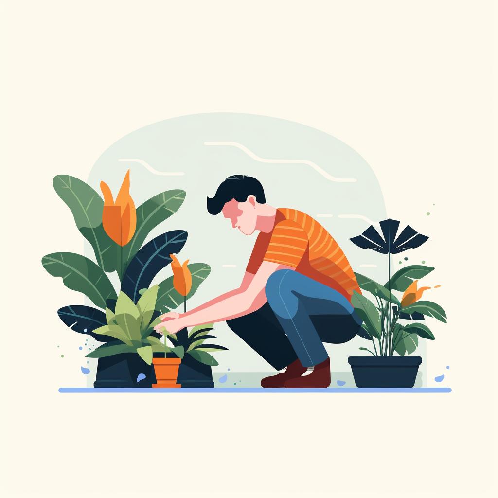 A gardener closely observing a plant
