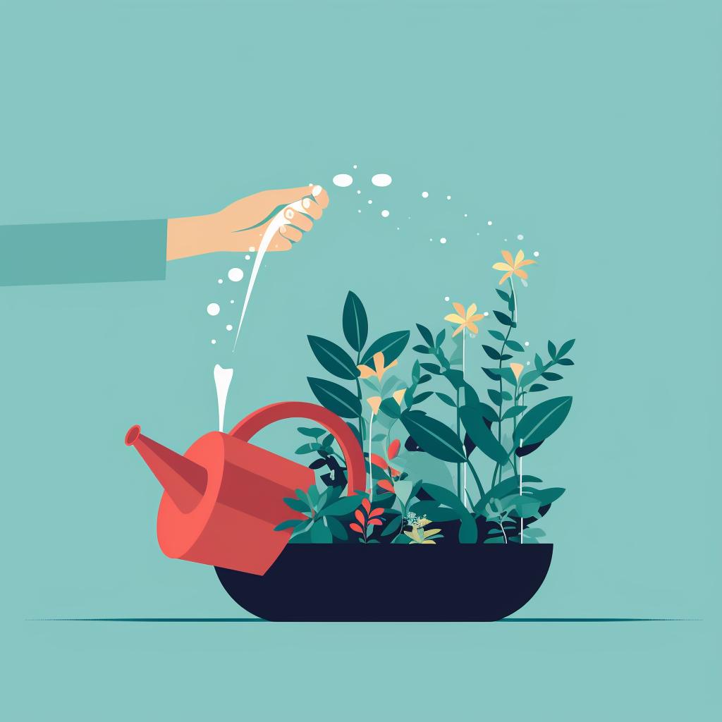 A hand holding a watering can away from an overwatered plant
