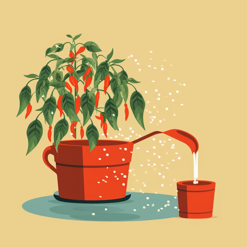 Water being poured into a pepper plant pot