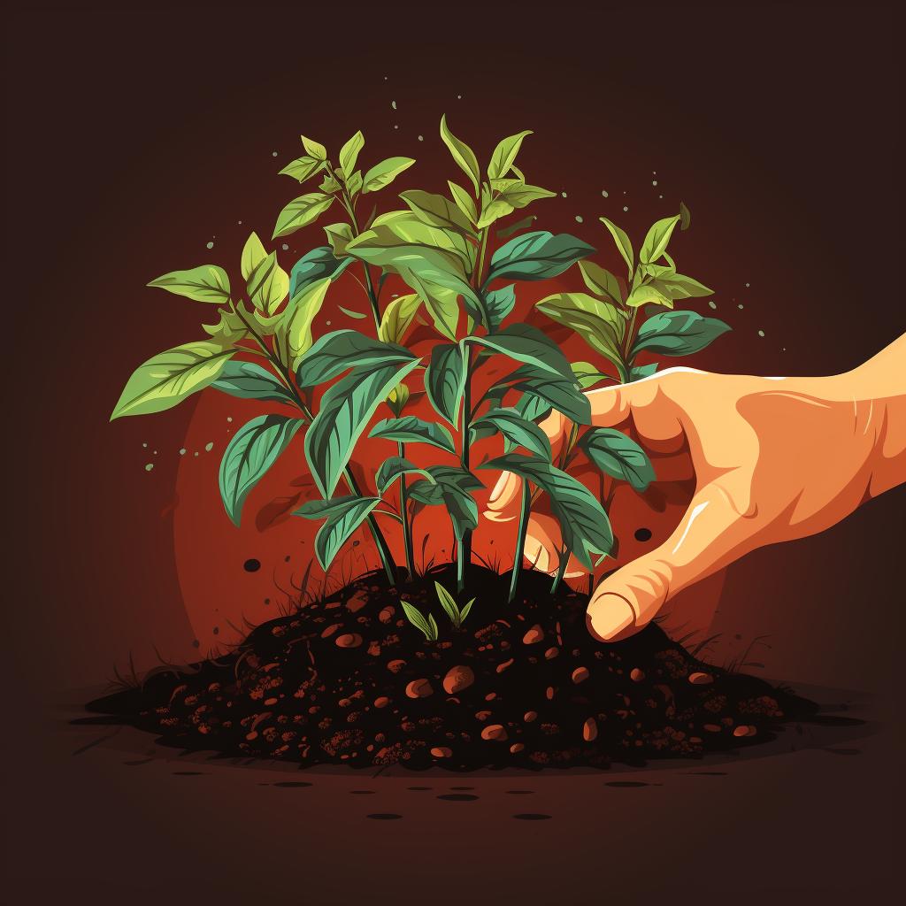 Hands adding compost to the soil around a tomato plant