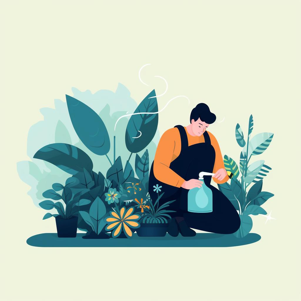 A gardener applying a treatment solution to a diseased plant.