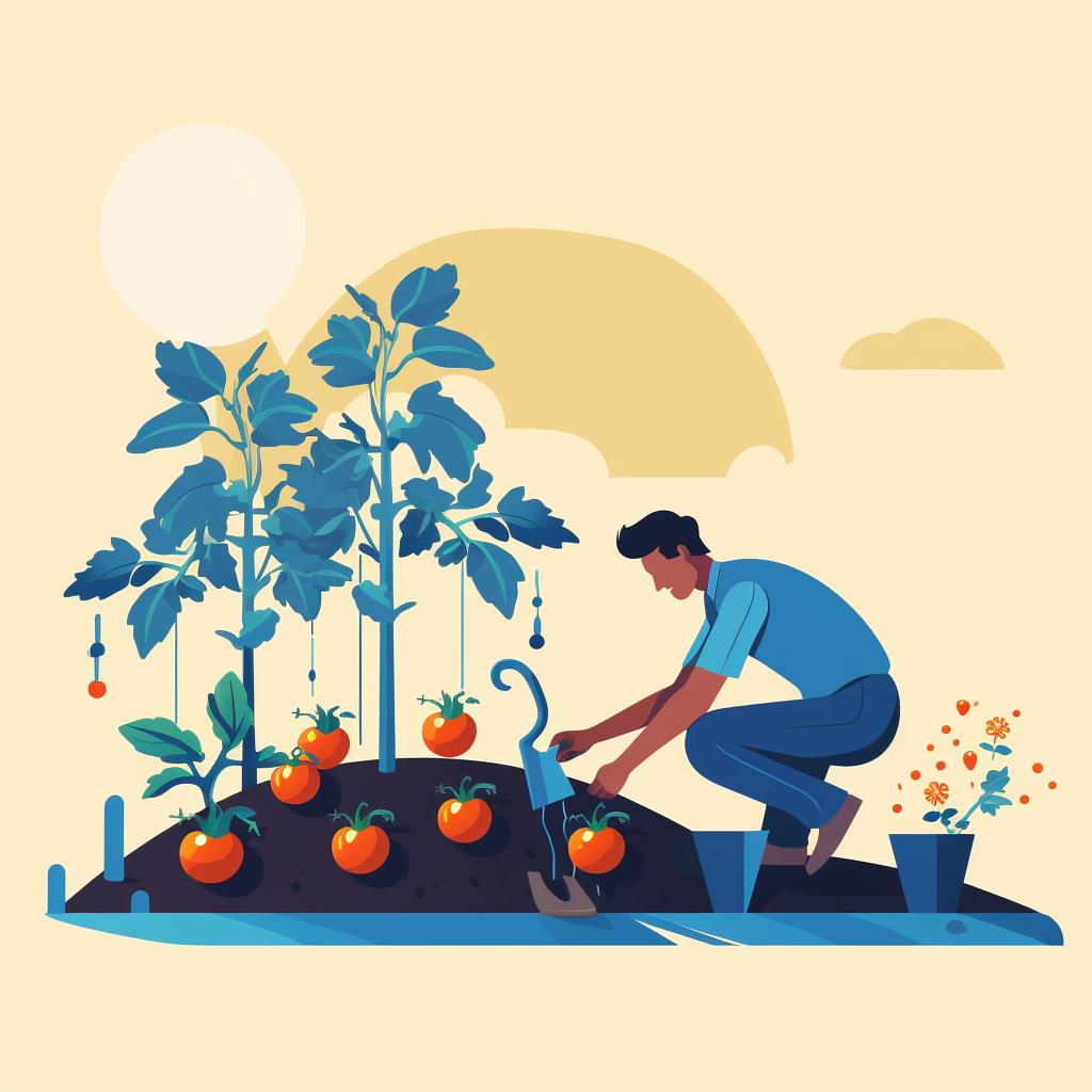 A person applying fertilizer to a tomato plant.