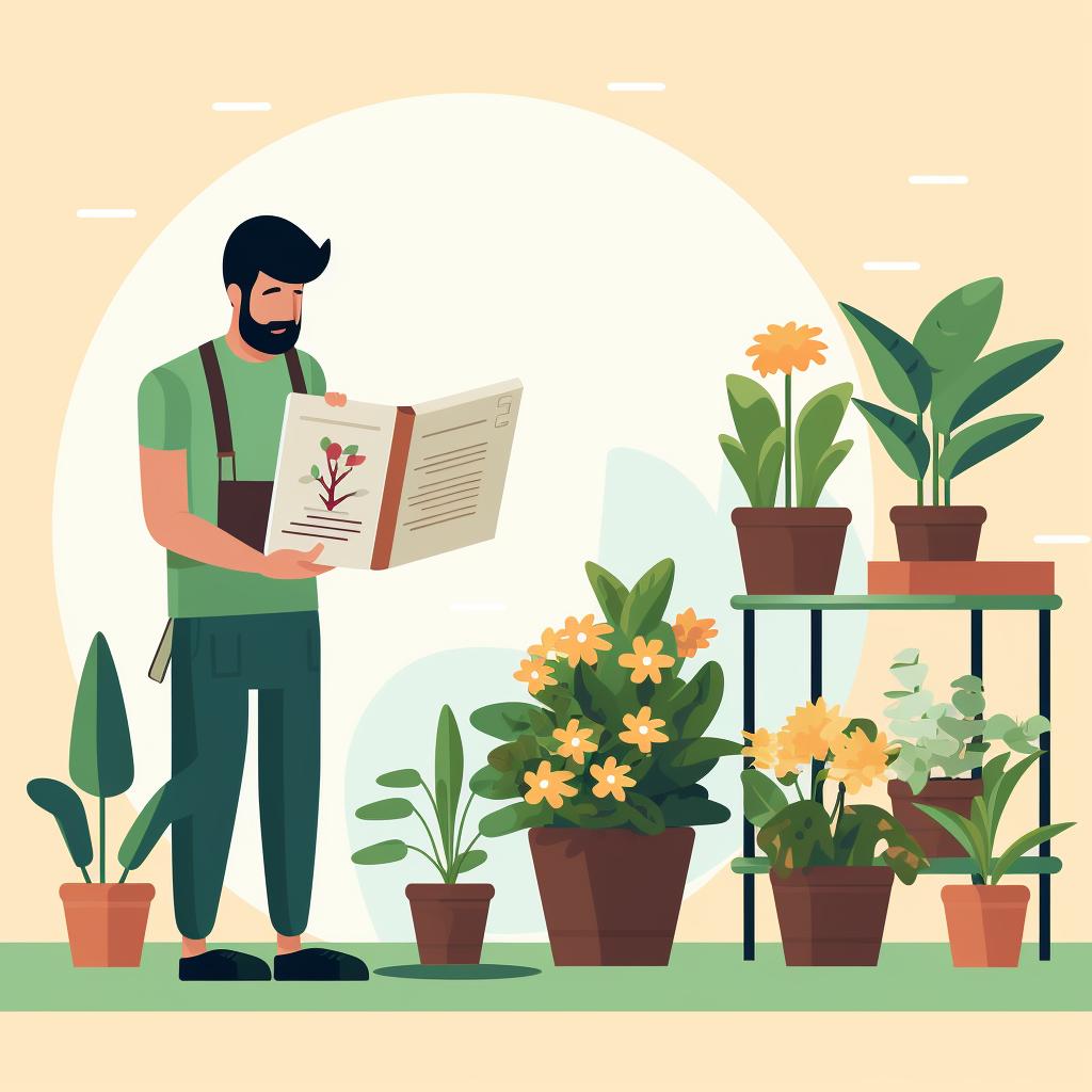 A gardener comparing a plant with images in a guidebook