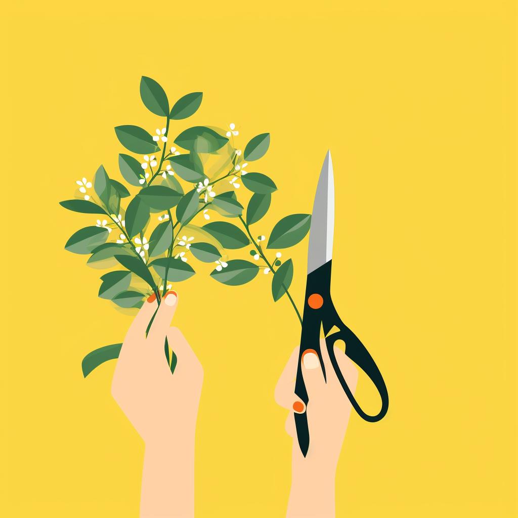 A hand with pruning shears trimming off yellow leaves from a plant