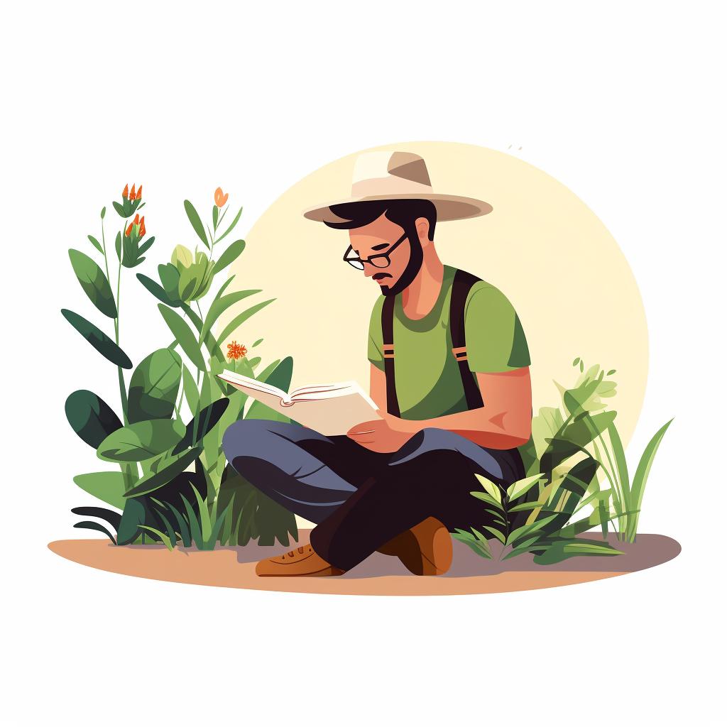 A gardener reading a book about plant diseases