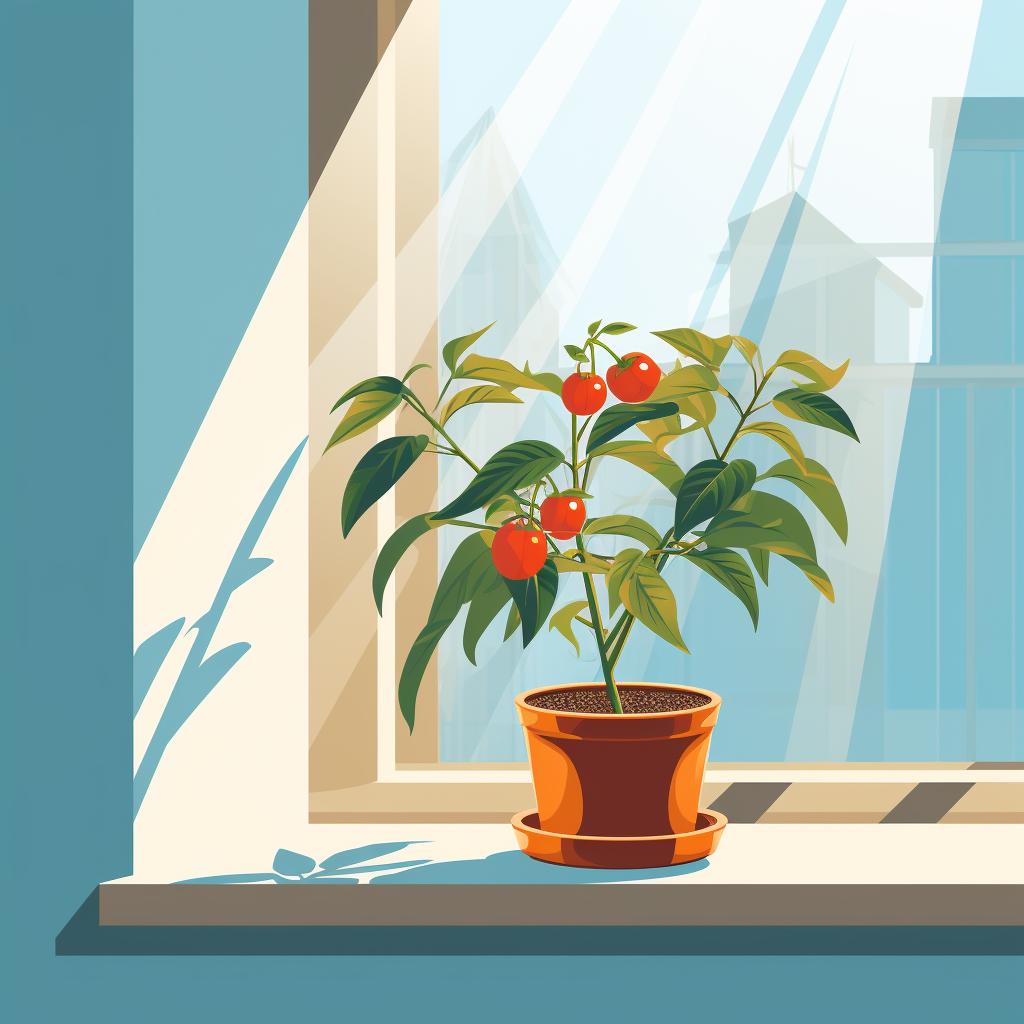 A pepper plant placed near a window receiving sunlight