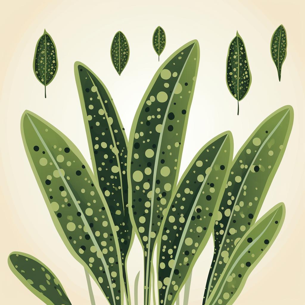 Close-up of snake plant leaves with visible spots and holes