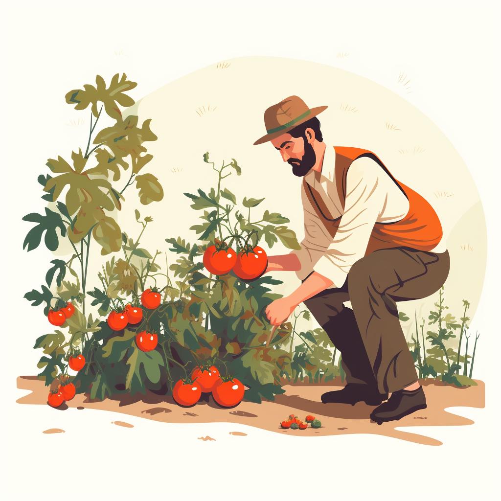 Image of a gardener inspecting tomato plants