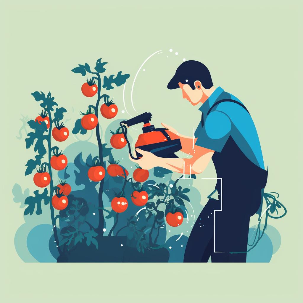 A person applying pest treatment to a tomato plant.