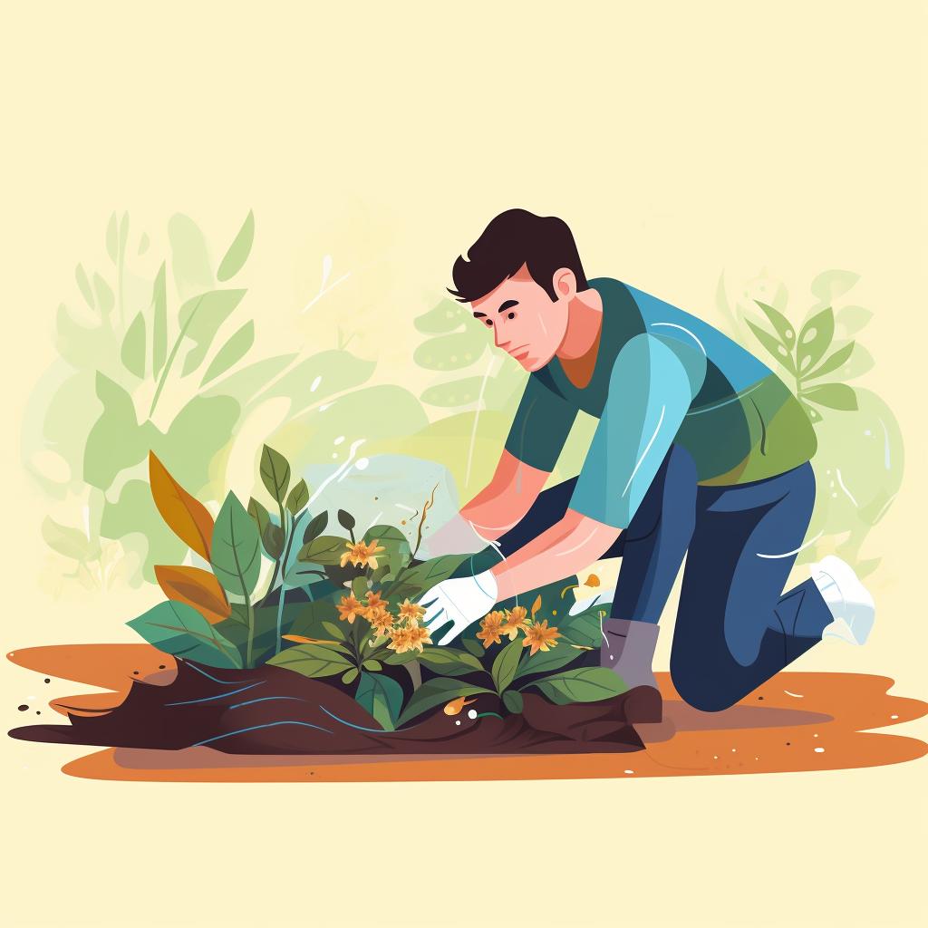 A gardener disposing of diseased plant parts in a sealed bag.