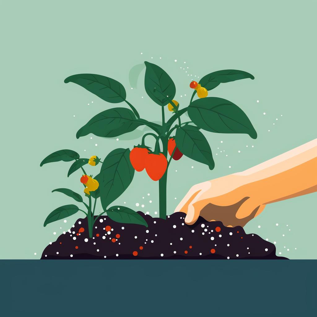 Hands applying fertilizer to a pepper plant