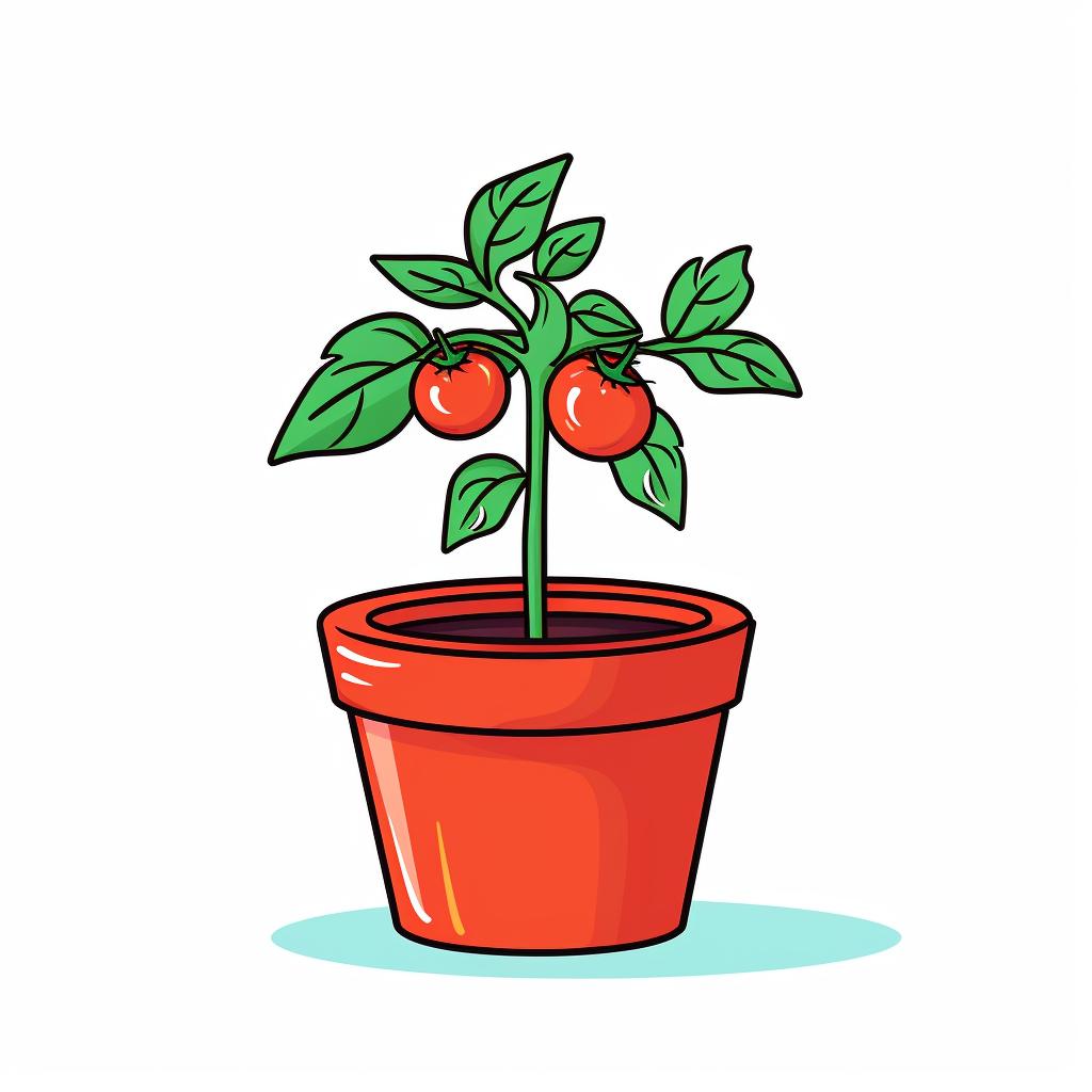 A staked tomato seedling in a pot.