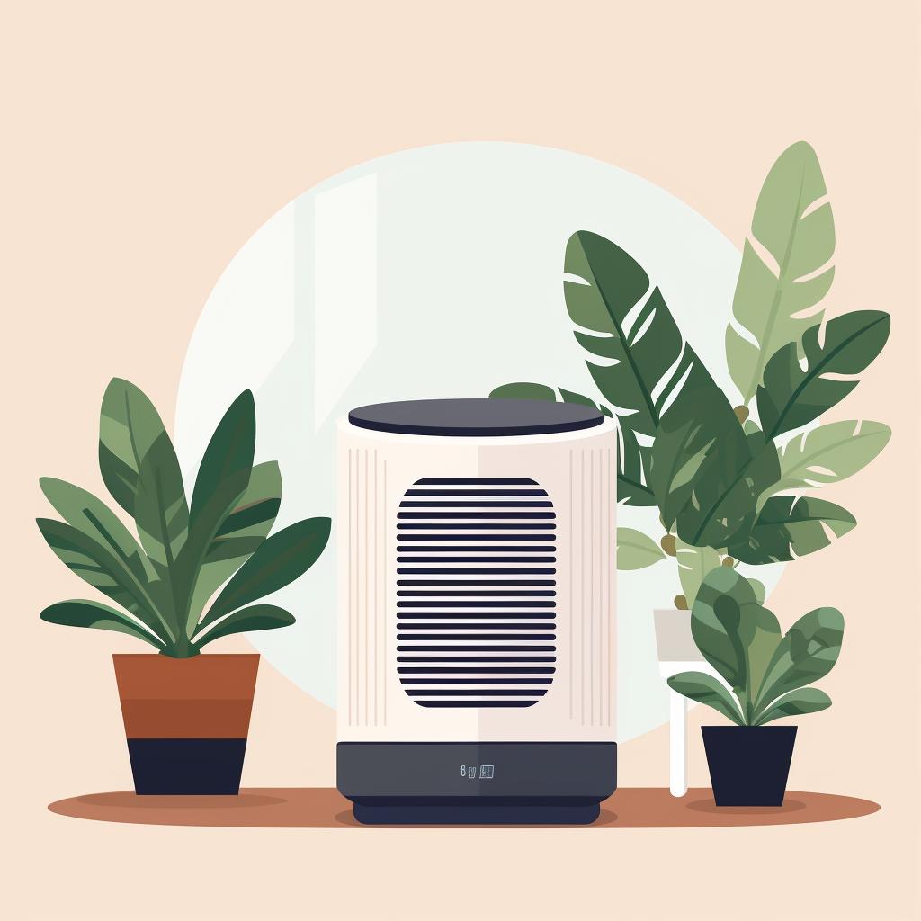 A small air purifier next to indoor plants