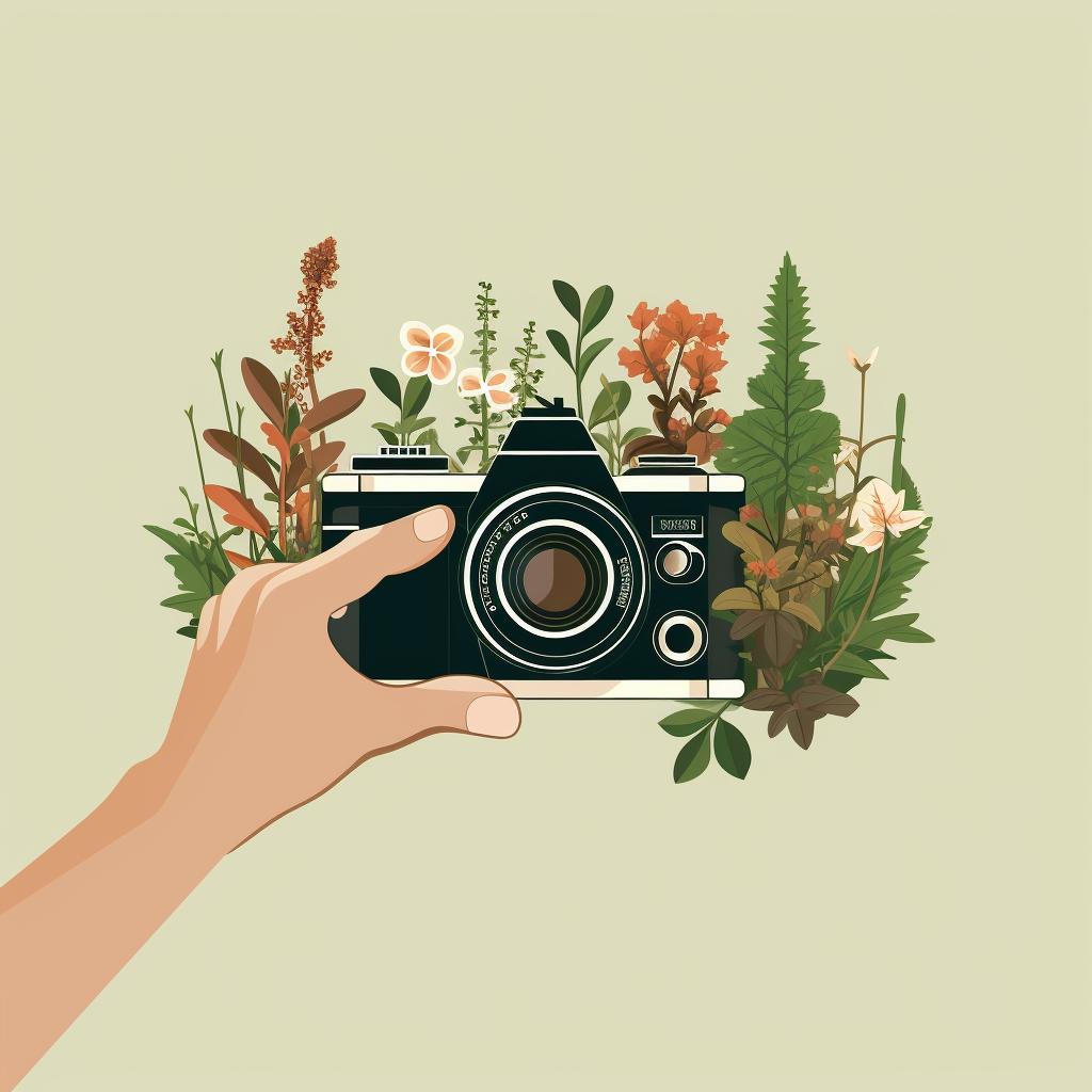 Hands holding a camera, taking pictures of a plant from different angles.