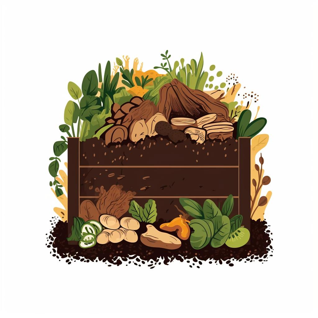Layers of brown and green materials in compost bin