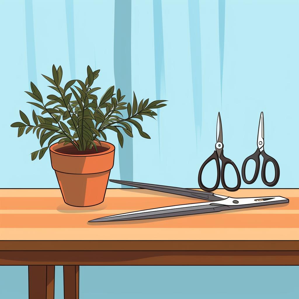 Pruning shears and a pruning saw on a table, with a bowl of disinfectant nearby.