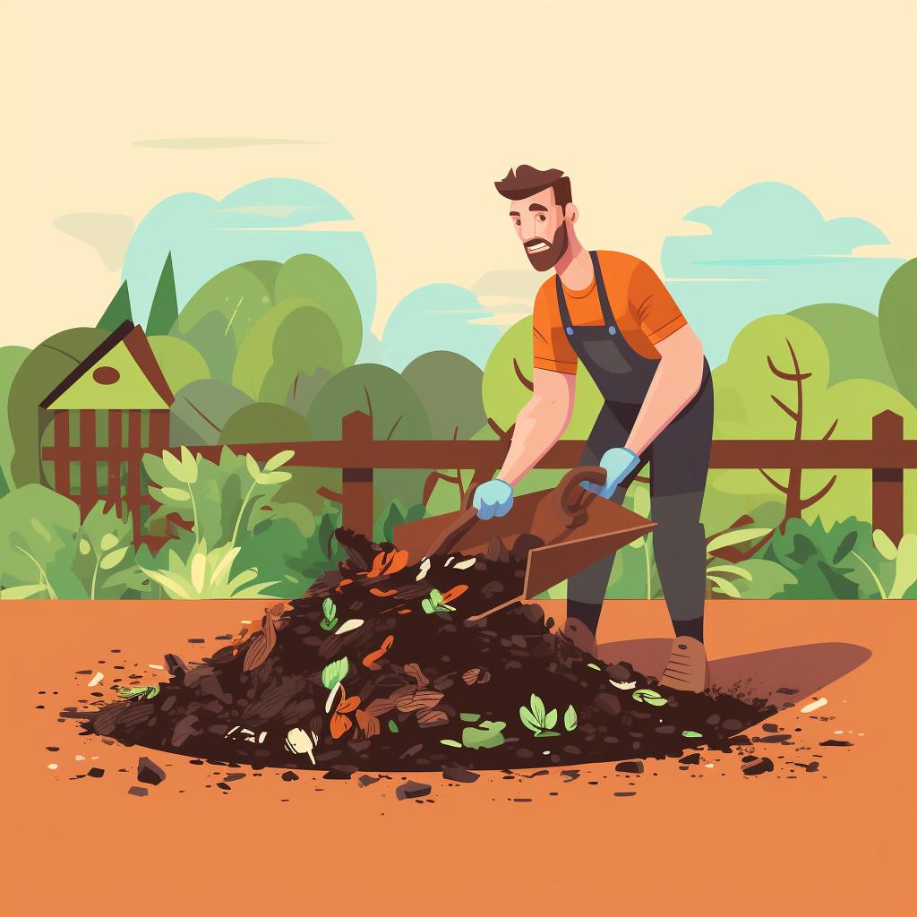 Gardener turning compost pile with pitchfork