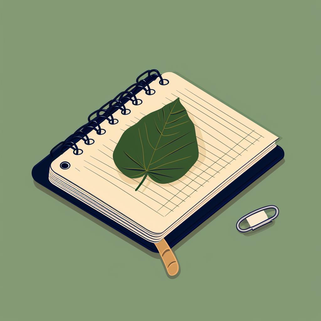 Measuring tape on a leaf with a count of leaves written in a notebook