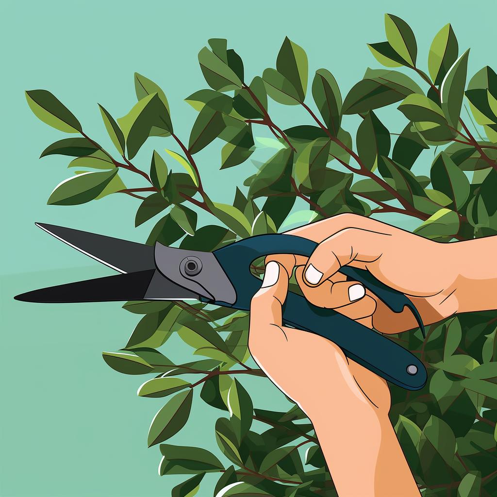 Hands using pruning shears to cut a branch at a 45-degree angle.