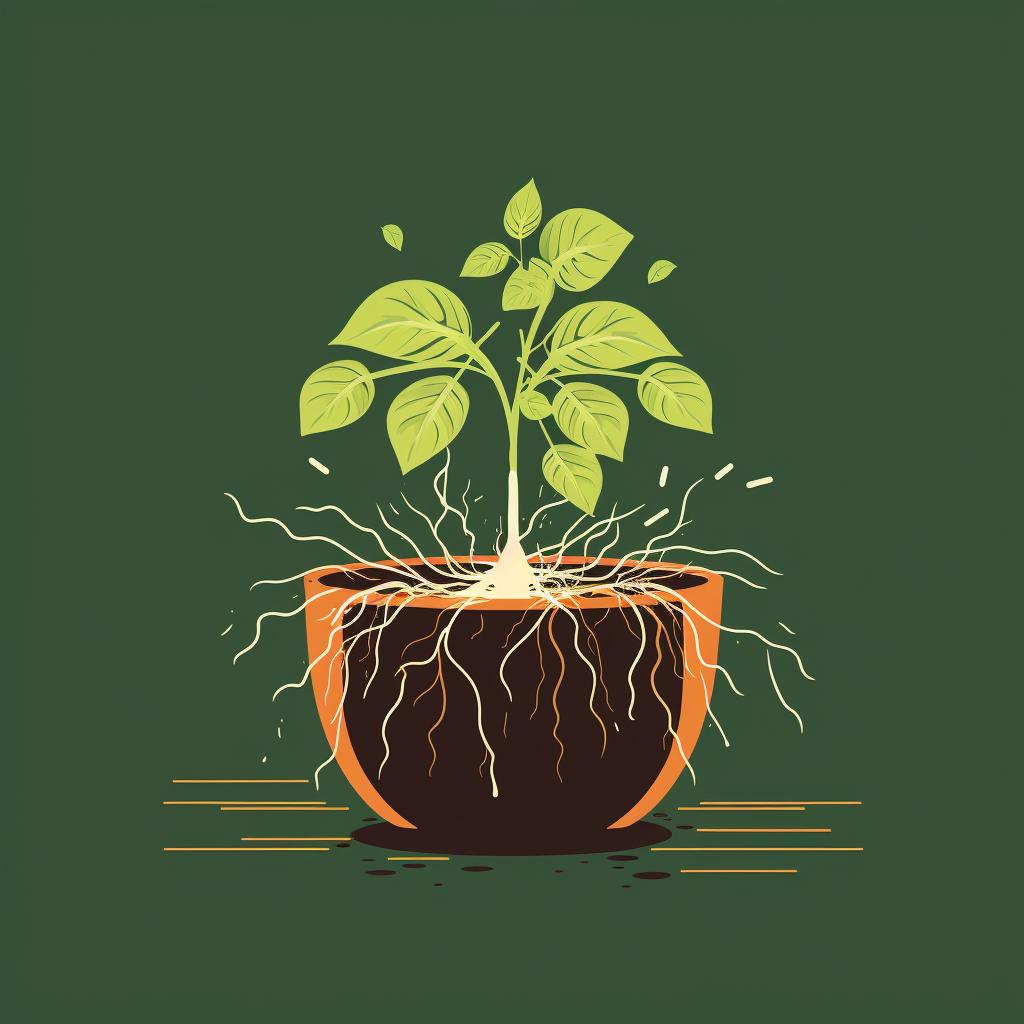 A plant with roots growing out of the pot's drainage holes.