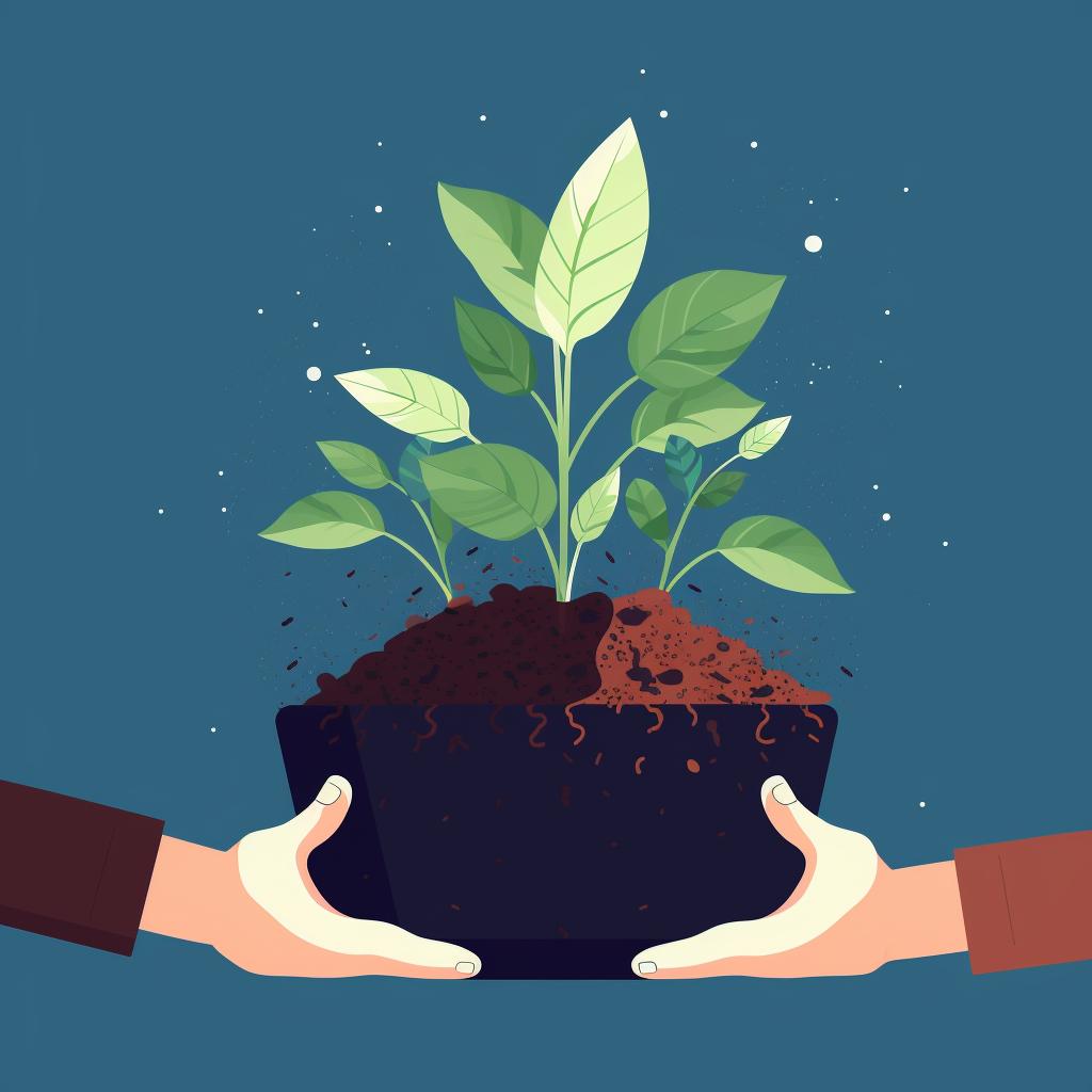 Hands placing a plant into a larger pot and filling it with soil.